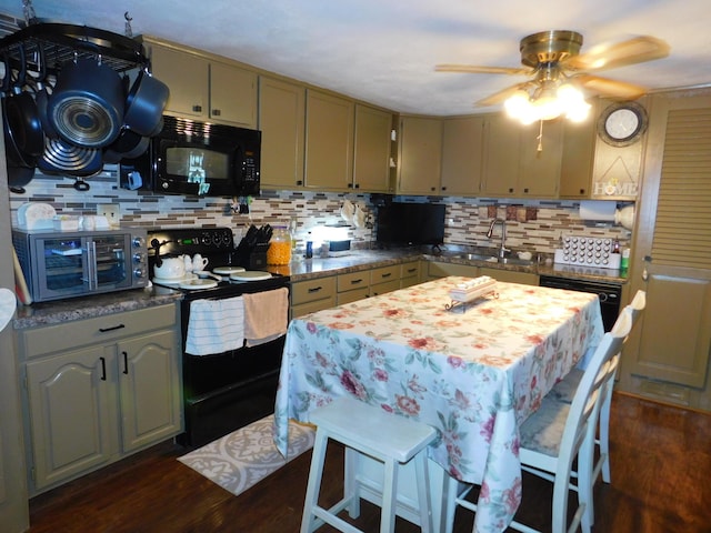 kitchen featuring tasteful backsplash, black appliances, dark wood-style floors, and a ceiling fan