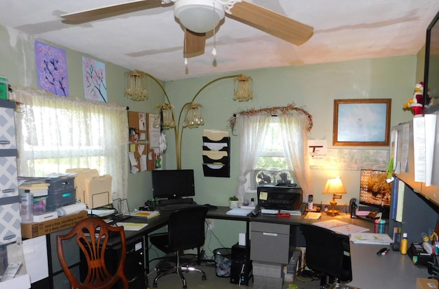 office space with a ceiling fan and a healthy amount of sunlight