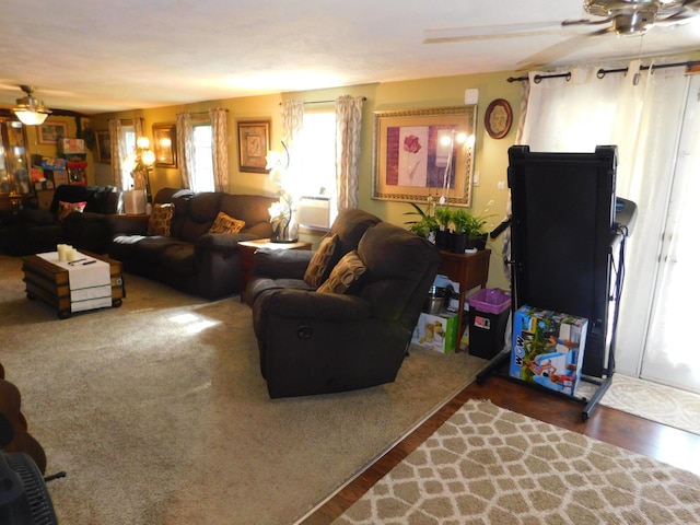 living room featuring a ceiling fan and wood finished floors