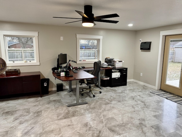 home office with plenty of natural light, baseboards, a ceiling fan, and recessed lighting