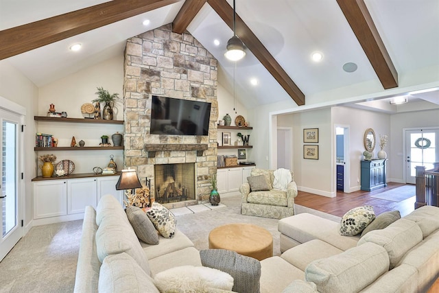 1439 Legacy Ct, Troy, OH 45373 - living area featuring beam ceiling, a fireplace, recessed lighting, high vaulted ceiling, and light wood-type flooring