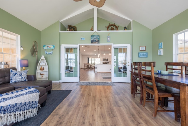 9342 State Route 368, Huntsville, OH 43324 - living area featuring wood finished floors, high vaulted ceiling, and a ceiling fan