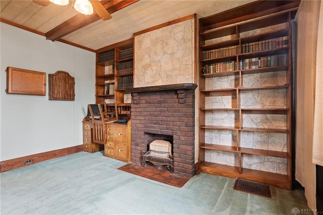 323 Miami St, Piqua, OH 45356 - unfurnished living room with carpet floors, a fireplace, a ceiling fan, crown molding, and wood ceiling