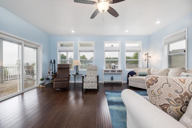 11177 Sassafrass Rd, Lakeview, OH 43331 - living area with healthy amount of natural light, a ceiling fan, dark wood-type flooring, and recessed lighting