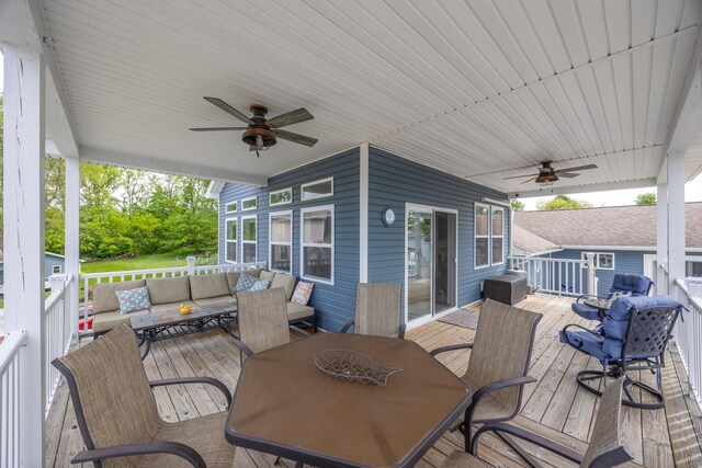 11177 Sassafrass Rd, Lakeview, OH 43331 - wooden deck with a ceiling fan, an outdoor hangout area, and outdoor dining space