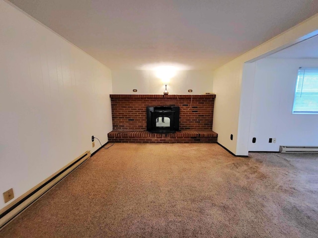 2169 State Route 49, Arcanum, OH 45304 - unfurnished living room featuring a wood stove, a baseboard heating unit, and carpet flooring