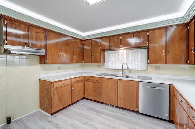 kitchen with dishwasher, sink, decorative backsplash, and light wood-type flooring