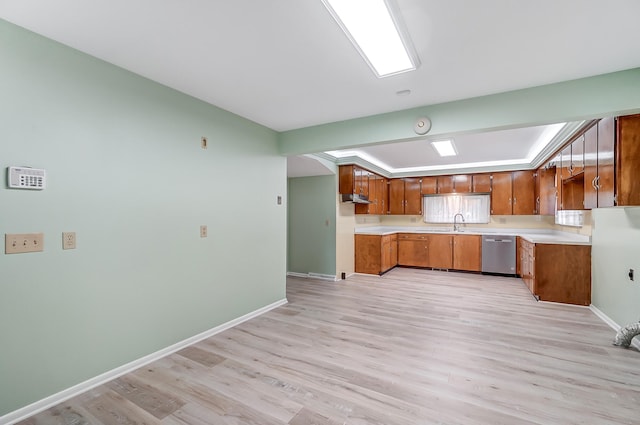 kitchen with stainless steel dishwasher and light wood-type flooring