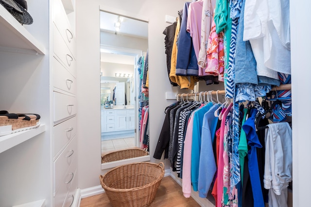 walk in closet with hardwood / wood-style flooring