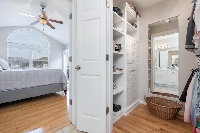 walk in closet with ceiling fan, lofted ceiling, and light hardwood / wood-style floors