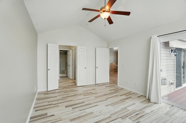 unfurnished bedroom featuring access to exterior, baseboards, high vaulted ceiling, a ceiling fan, and light wood finished floors