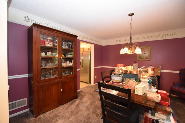 3756 Storms Creek Rd, Urbana, OH 43078 - dining room featuring a chandelier, crown molding, and carpet floors