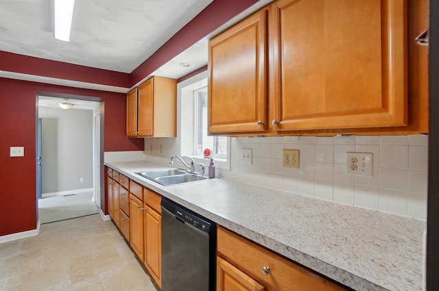 1370 Carpenter Rd, Bellbrook, OH 45305 - kitchen with dishwasher, a sink, decorative backsplash, baseboards, and light countertops