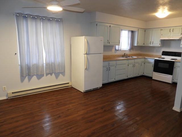 421 Summit St, Sidney, OH 45365 - kitchen featuring under cabinet range hood, a baseboard radiator, range with electric stovetop, freestanding refrigerator, and a sink