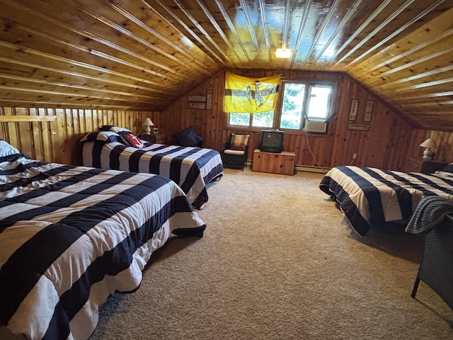 9029 Maple St, Huntsville, OH 43324 - carpeted bedroom featuring wood walls, vaulted ceiling, baseboard heating, and cooling unit