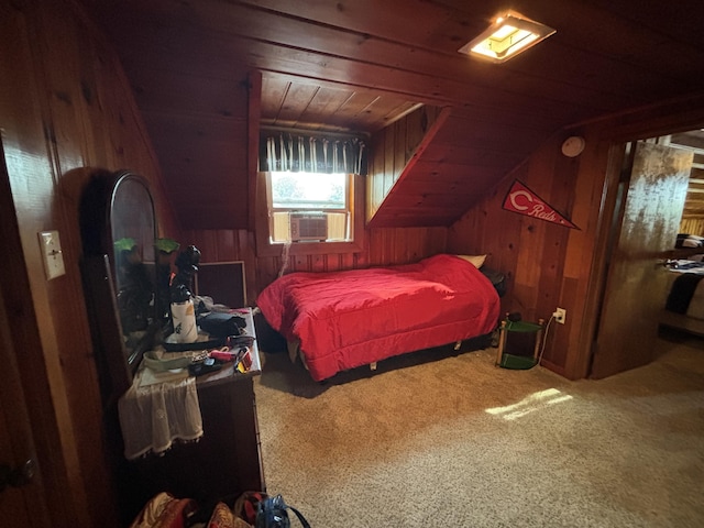 9029 Maple St, Huntsville, OH 43324 - carpeted bedroom with wood walls, wooden ceiling, lofted ceiling, and cooling unit