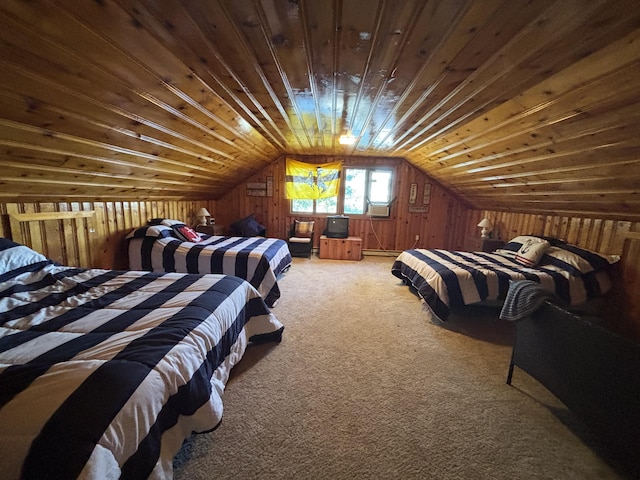9029 Maple St, Huntsville, OH 43324 - carpeted bedroom featuring wood walls, lofted ceiling, and wood ceiling