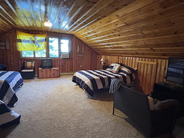 9029 Maple St, Huntsville, OH 43324 - carpeted bedroom featuring lofted ceiling, wooden walls, cooling unit, and a baseboard radiator