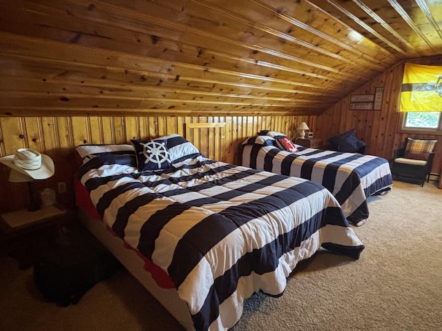9029 Maple St, Huntsville, OH 43324 - bedroom with carpet, wood walls, vaulted ceiling, and wooden ceiling