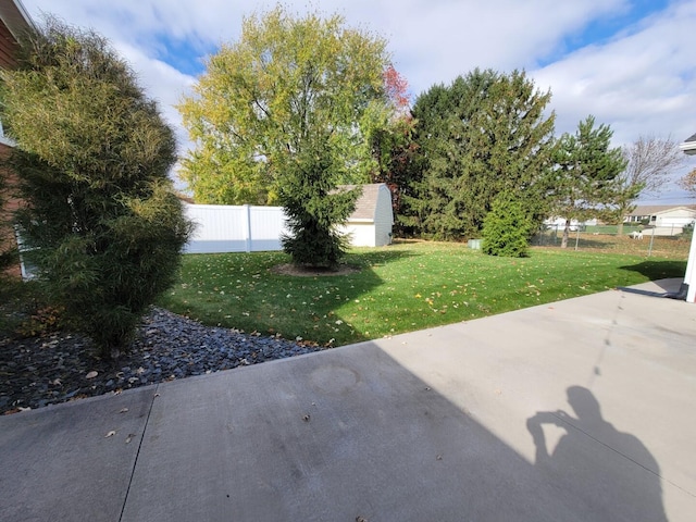 view of yard featuring a fenced backyard, a patio, a storage shed, and an outdoor structure