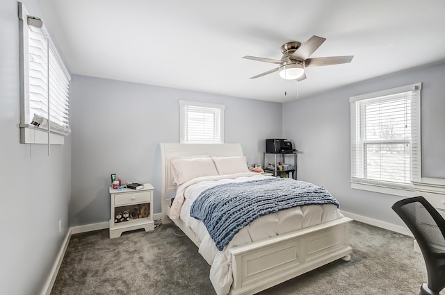 bedroom featuring carpet floors, baseboards, and a ceiling fan