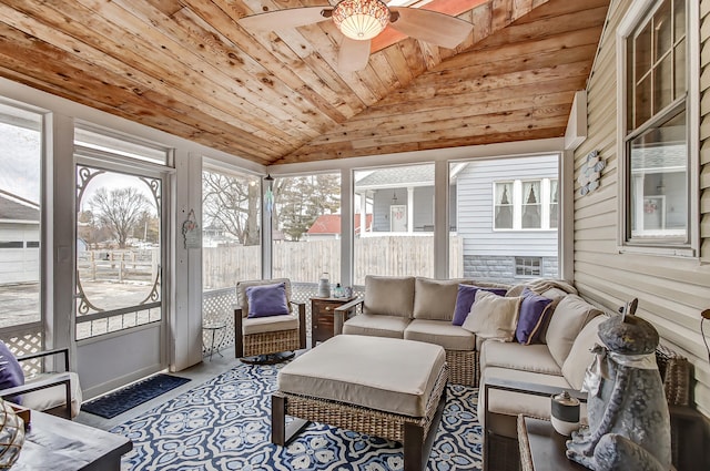 sunroom featuring vaulted ceiling, ceiling fan, and wooden ceiling