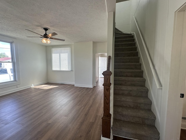 301 Plumvalley St, Bellefontaine, OH 43311 - staircase with wood finished floors, ceiling fan, baseboards, and a textured ceiling