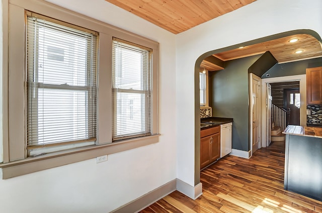 kitchen with dark hardwood / wood-style flooring, dishwasher, decorative backsplash, and wooden ceiling