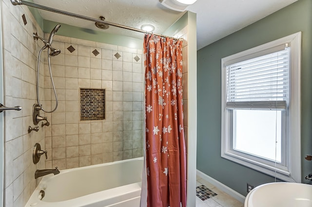 bathroom with tile patterned flooring, plenty of natural light, and shower / bath combination with curtain