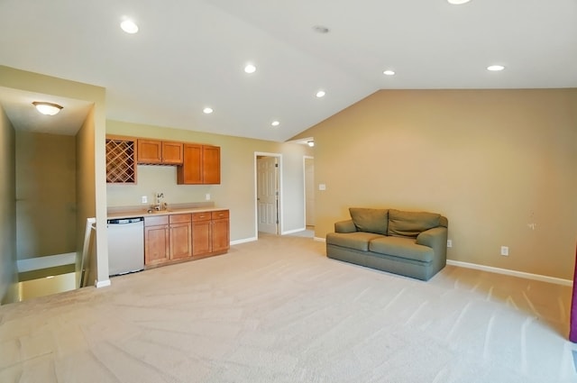 9113 Lake Ave, Huntsville, OH 43324 - living room featuring light carpet, wet bar, lofted ceiling, and recessed lighting