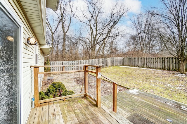 wooden terrace with a fenced backyard and a yard