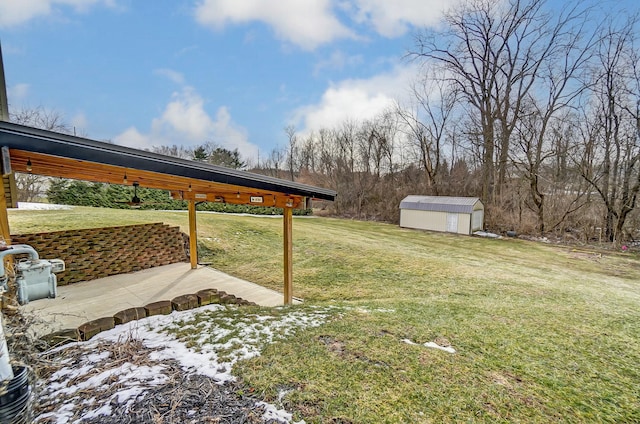 view of yard featuring an outdoor structure, a patio, and a shed