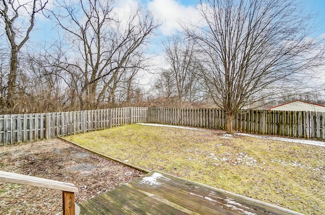 view of yard featuring a fenced backyard and a deck