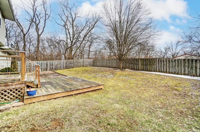 view of yard featuring a fenced backyard and a wooden deck