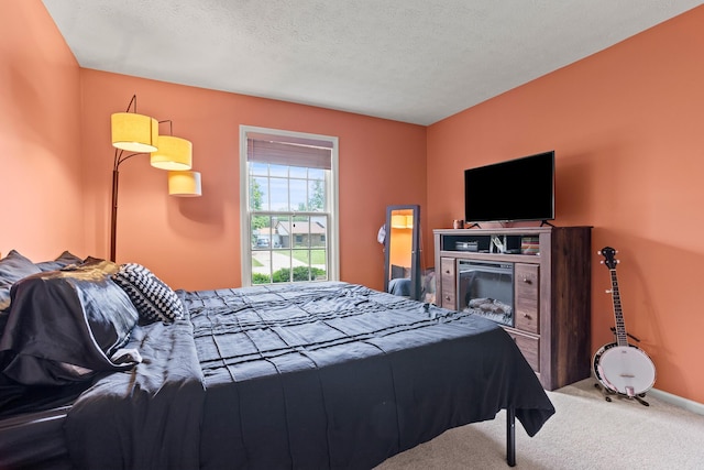 1686 Laurel Creek Dr, Troy, OH 45373 - bedroom with carpet, a glass covered fireplace, and a textured ceiling