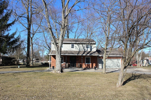 view of front of home featuring driveway, a porch, an attached garage, a front lawn, and brick siding