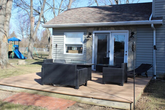 view of patio / terrace with an outdoor hangout area, a playground, and a deck