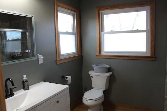 full bathroom with vanity, toilet, and a stall shower