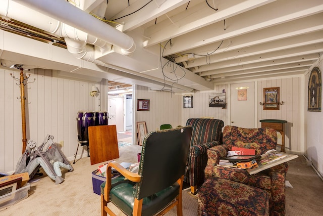 basement featuring carpet floors and wood walls