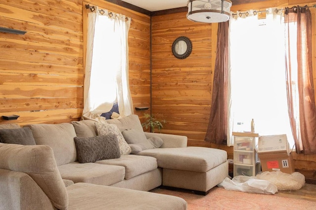 sitting room with wood walls