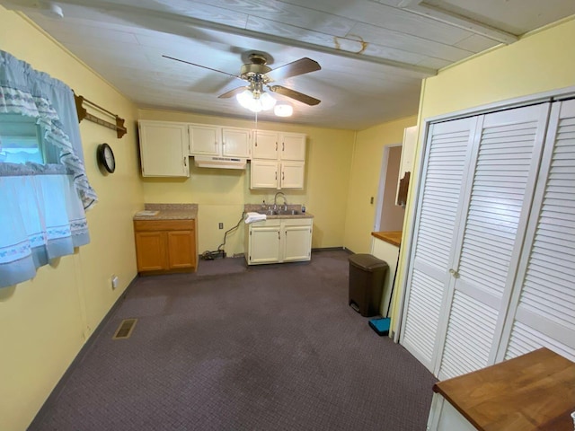 2647 Allen Dr, Springfield, OH 45505 - kitchen featuring dark colored carpet, ceiling fan, under cabinet range hood, white cabinetry, and light countertops