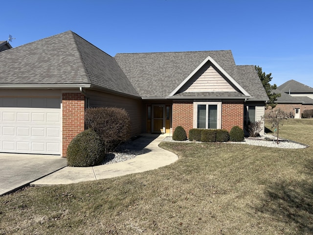 single story home with brick siding, an attached garage, a front yard, and roof with shingles