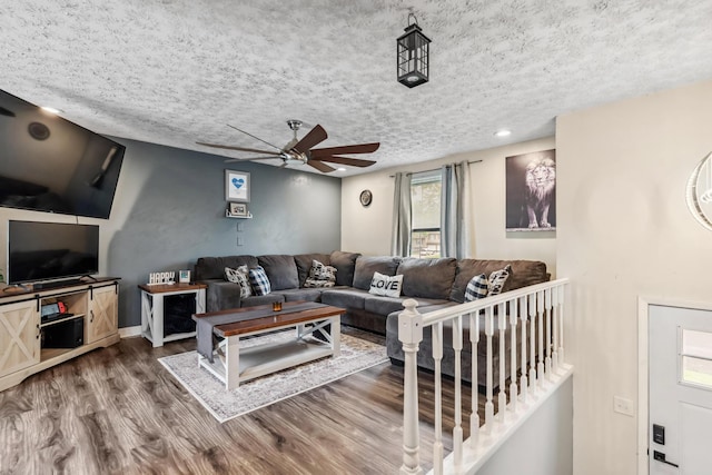 101 Westrock Farm Dr, Union, OH 45322 - living room with a ceiling fan, wood finished floors, a textured ceiling, and recessed lighting