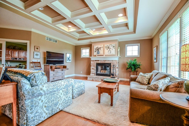 1205 Daylily Way, Troy, OH 45373 - living room with wood finished floors, ornamental molding, coffered ceiling, beam ceiling, and a fireplace