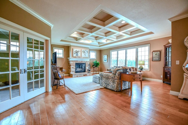 1205 Daylily Way, Troy, OH 45373 - living room with french doors, hardwood / wood-style floors, beam ceiling, ornamental molding, and coffered ceiling