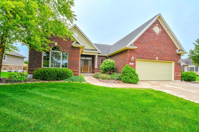 1205 Daylily Way, Troy, OH 45373 - view of front of home featuring brick siding, driveway, a front yard, a shingled roof, and a garage