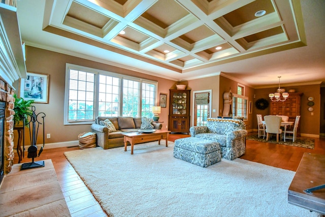 1205 Daylily Way, Troy, OH 45373 - living area featuring a chandelier, crown molding, wood finished floors, coffered ceiling, and beamed ceiling
