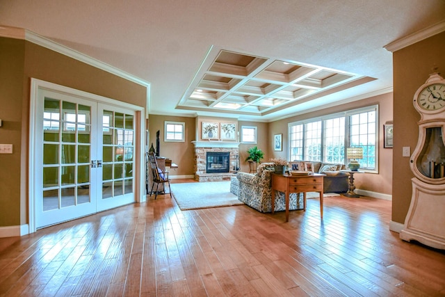 1205 Daylily Way, Troy, OH 45373 - living room featuring french doors, crown molding, hardwood / wood-style floors, beam ceiling, and coffered ceiling