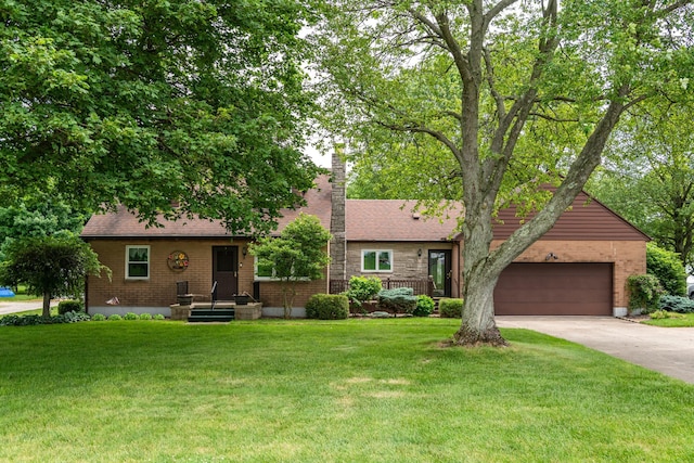 ranch-style home featuring a garage, concrete driveway, a chimney, a front lawn, and brick siding