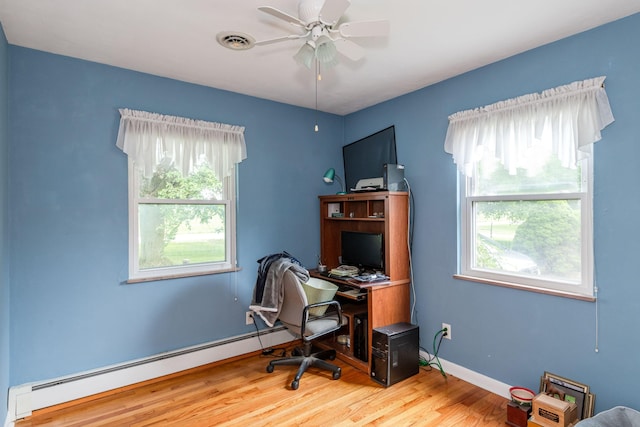 office with ceiling fan, a baseboard heating unit, wood finished floors, visible vents, and baseboards